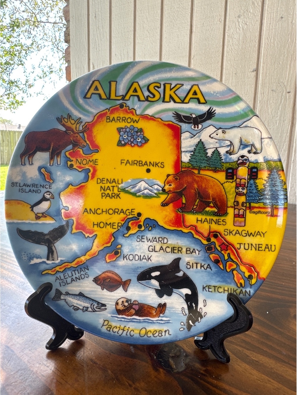 Decorative Alaska Map Souvenir Plate with Wildlife Illustrations